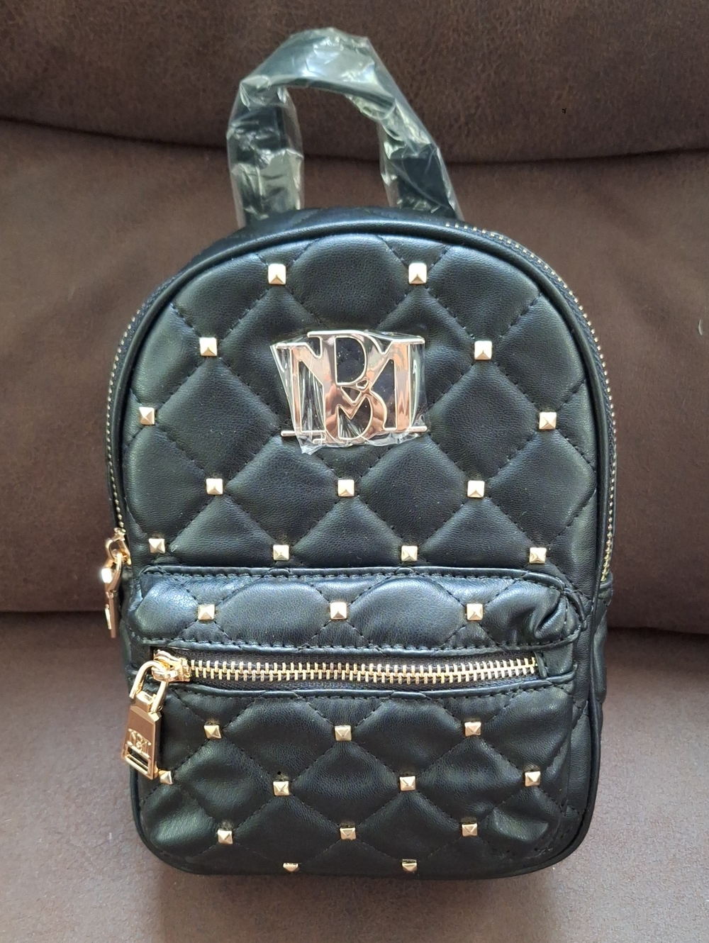 Badgley Mischka Black Quilted Mini Backpack with Gold Studs
